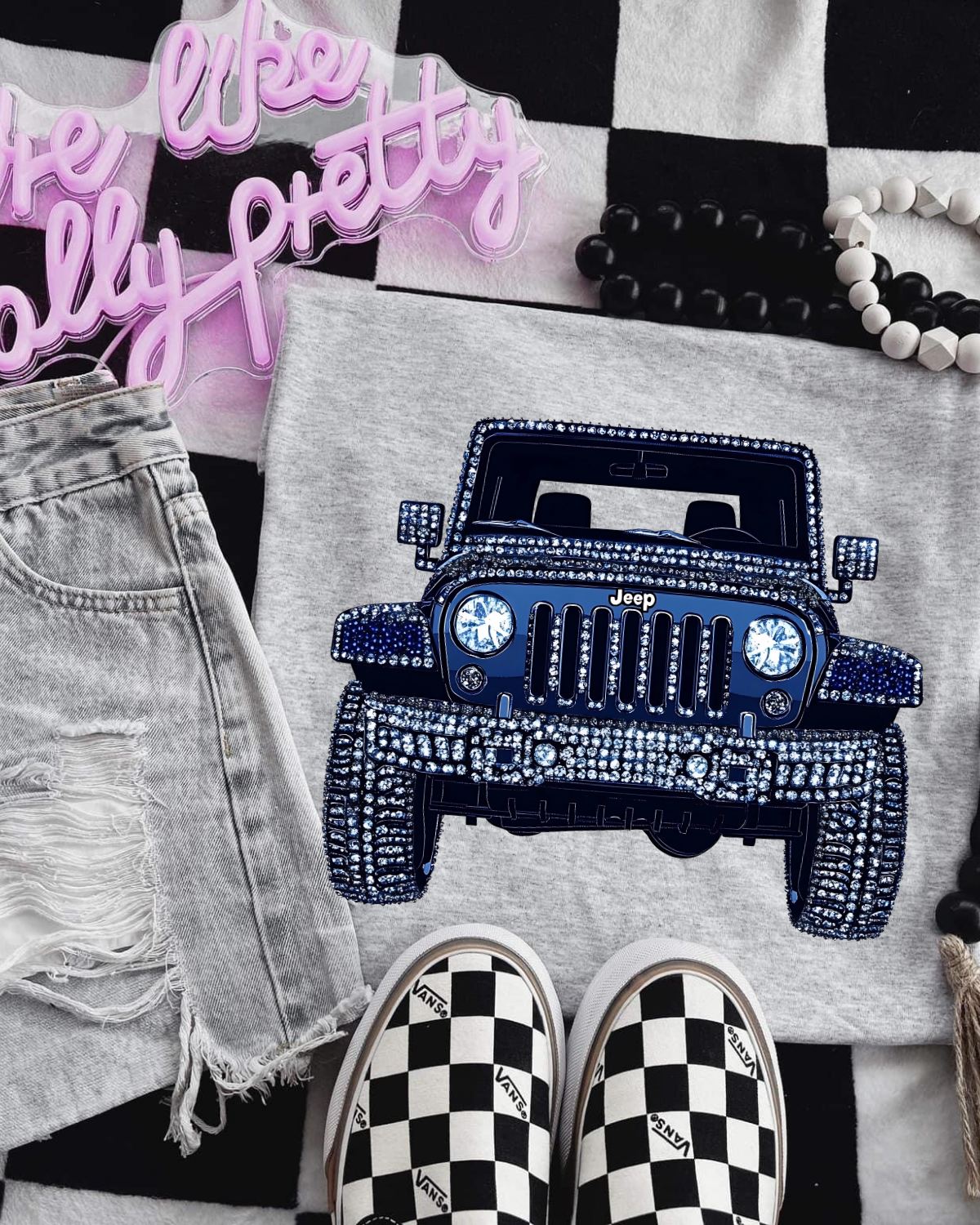 Faux Rhinestone Blue Jeep DTF Transfer