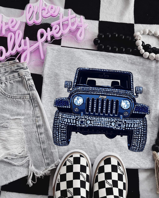 Faux Rhinestone Blue Jeep DTF Transfer