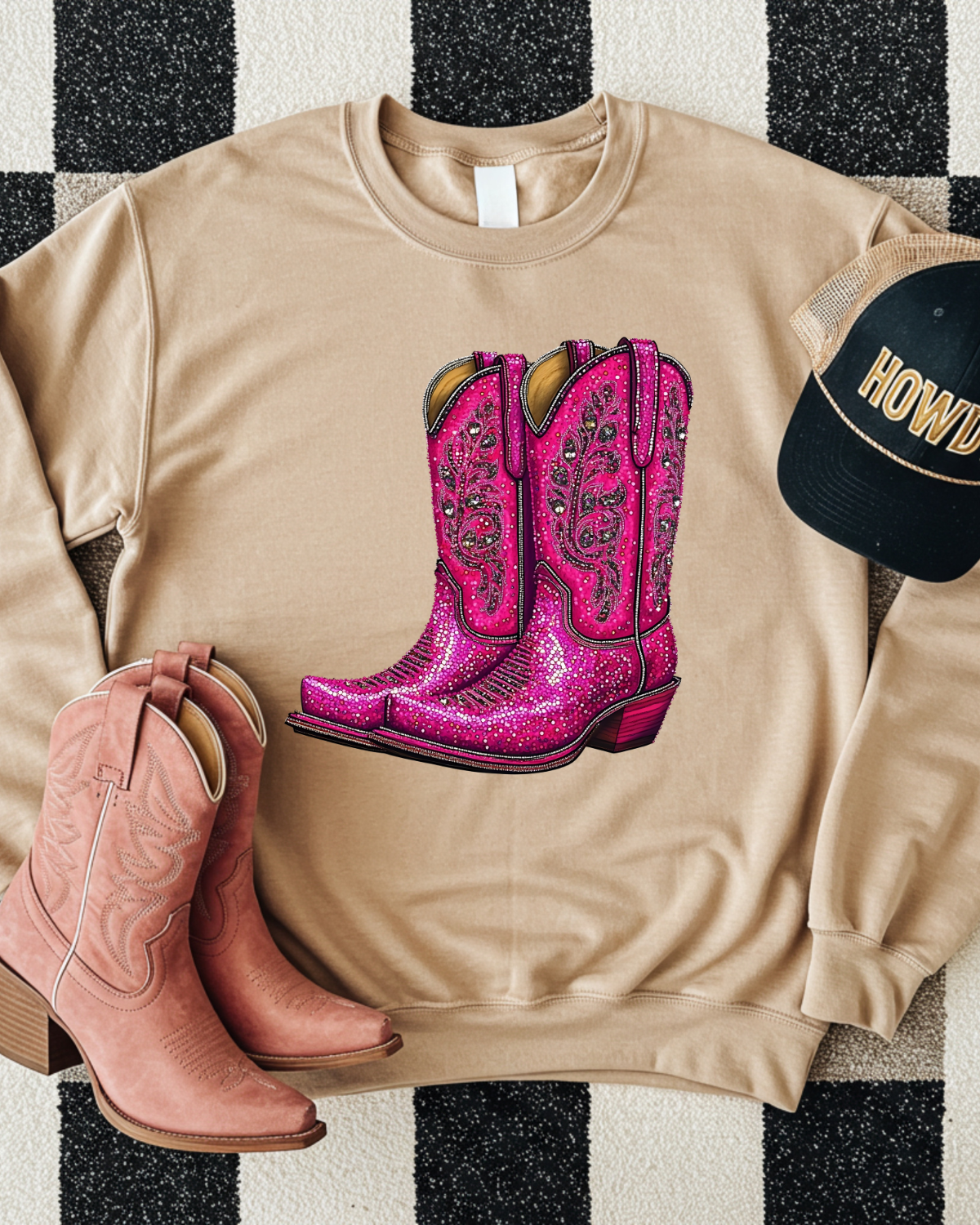 Faux Rhinestone Pink Cowgirl Boots DTF Transfer
