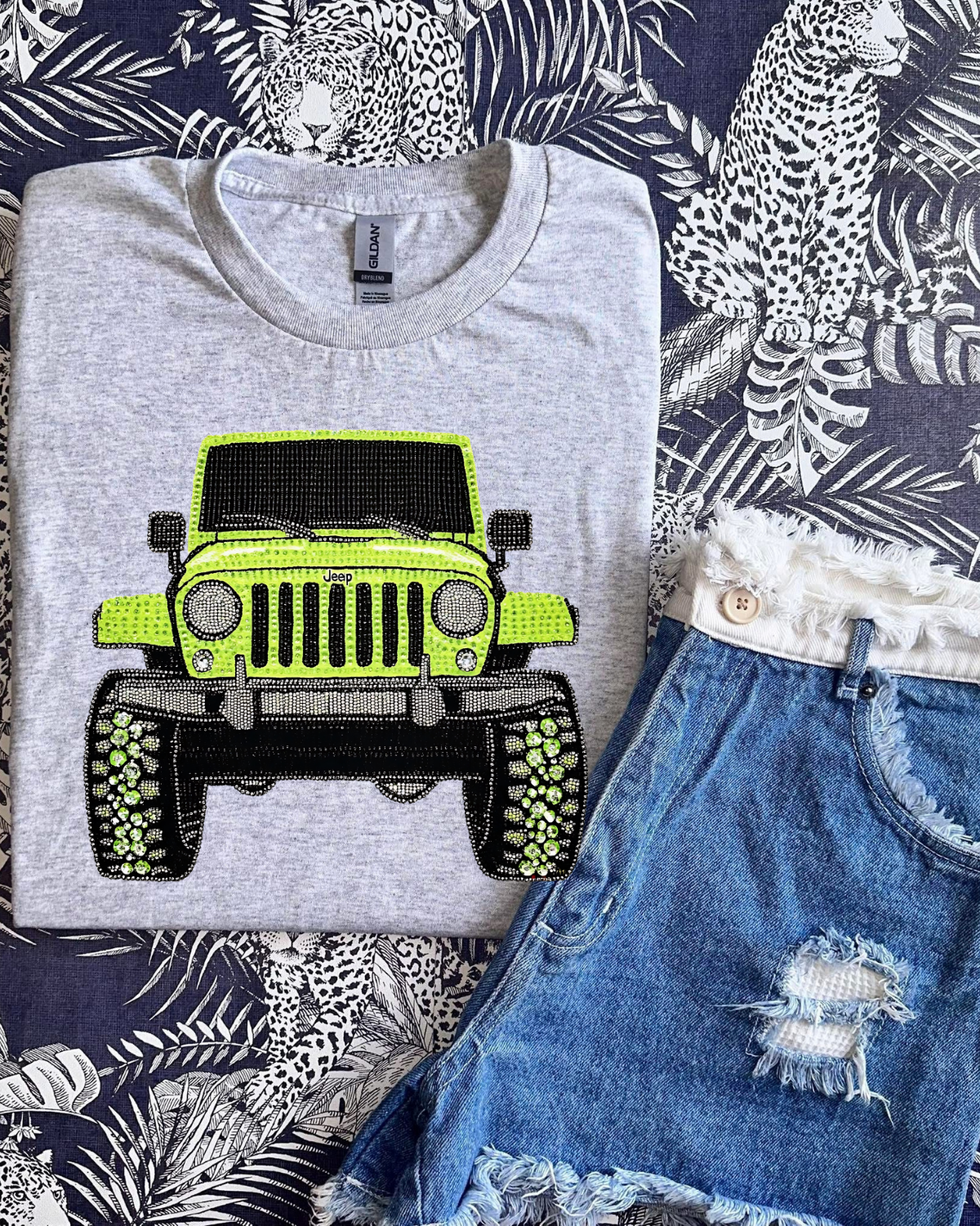 Faux Rhinestone Green Jeep DTF Transfer
