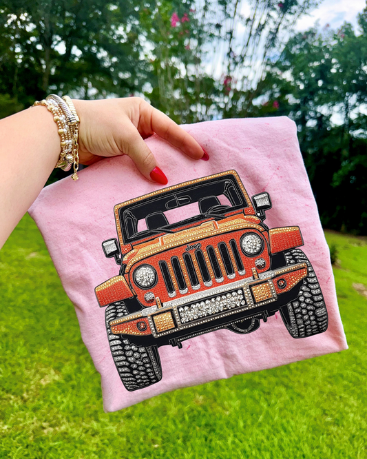Faux Rhinestone Orange Jeep DTF Transfer