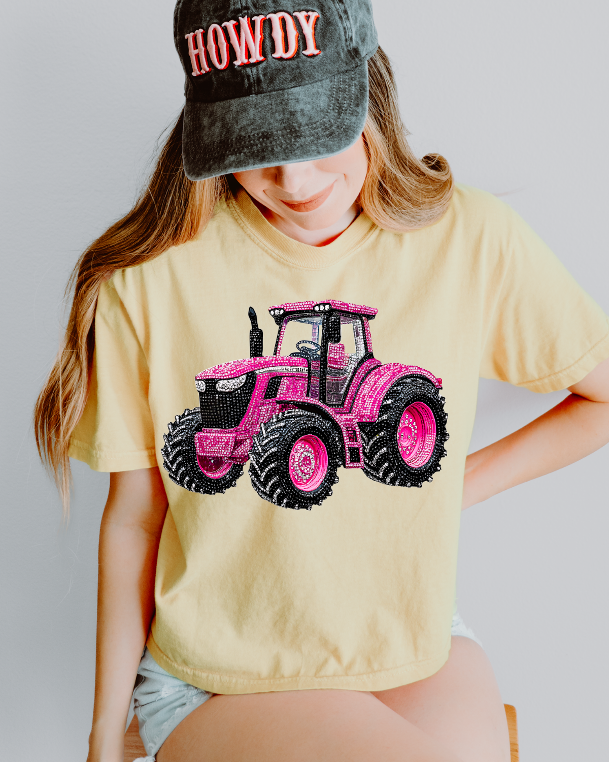 Faux Rhinestone Pink Tractor DTF Transfer