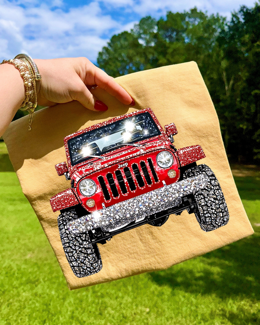 Faux Rhinestone Red Jeep DTF Transfer