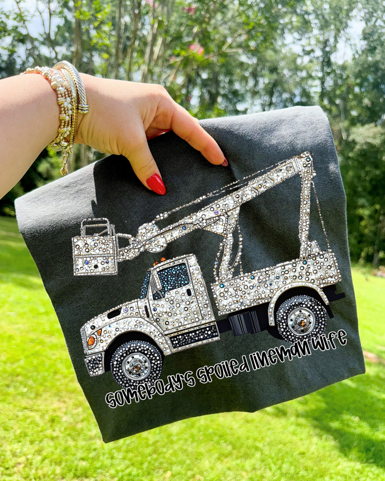 Faux Rhinestone Somebody's Spoiled Lineman Wife DTF Transfer