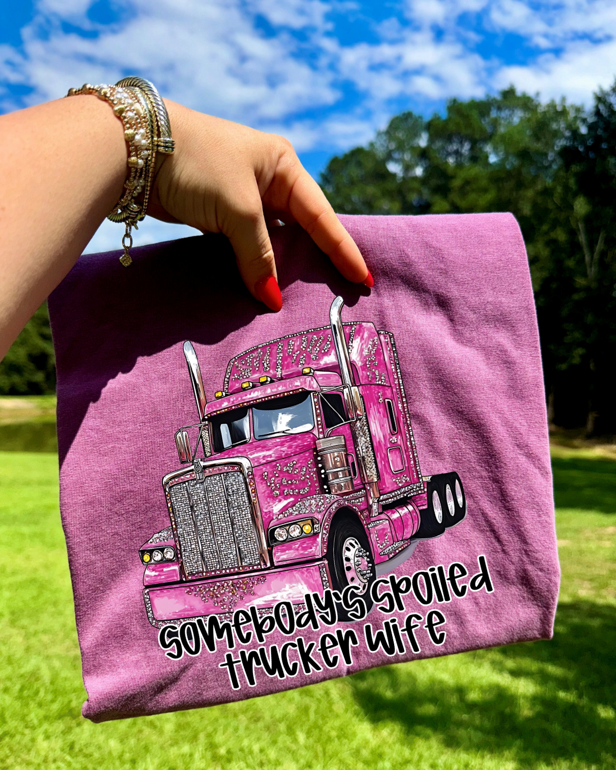 Faux Rhinestone Somebody's Spoiled Trucker Wife DTF Transfer