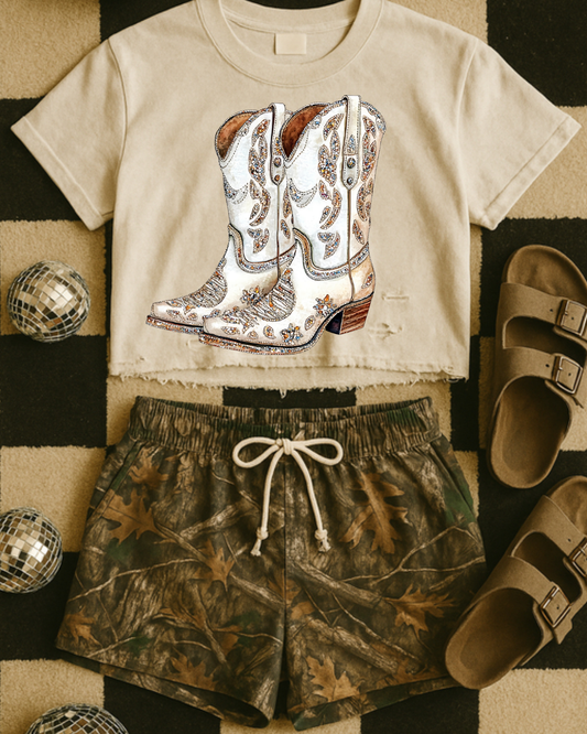 Faux Rhinestone White Cowboy Boots DTF Transfer