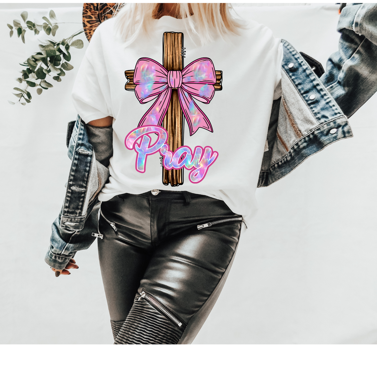 Faux Holographic Pray Cross Faith DTF Transfer