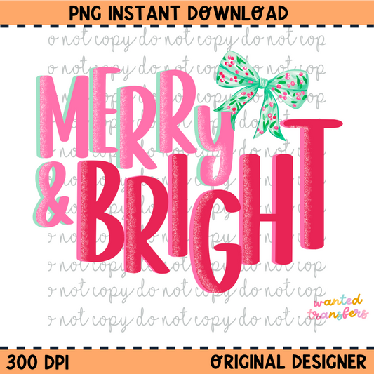 Merry & Bright Glitter Christmas PNG Digital Download