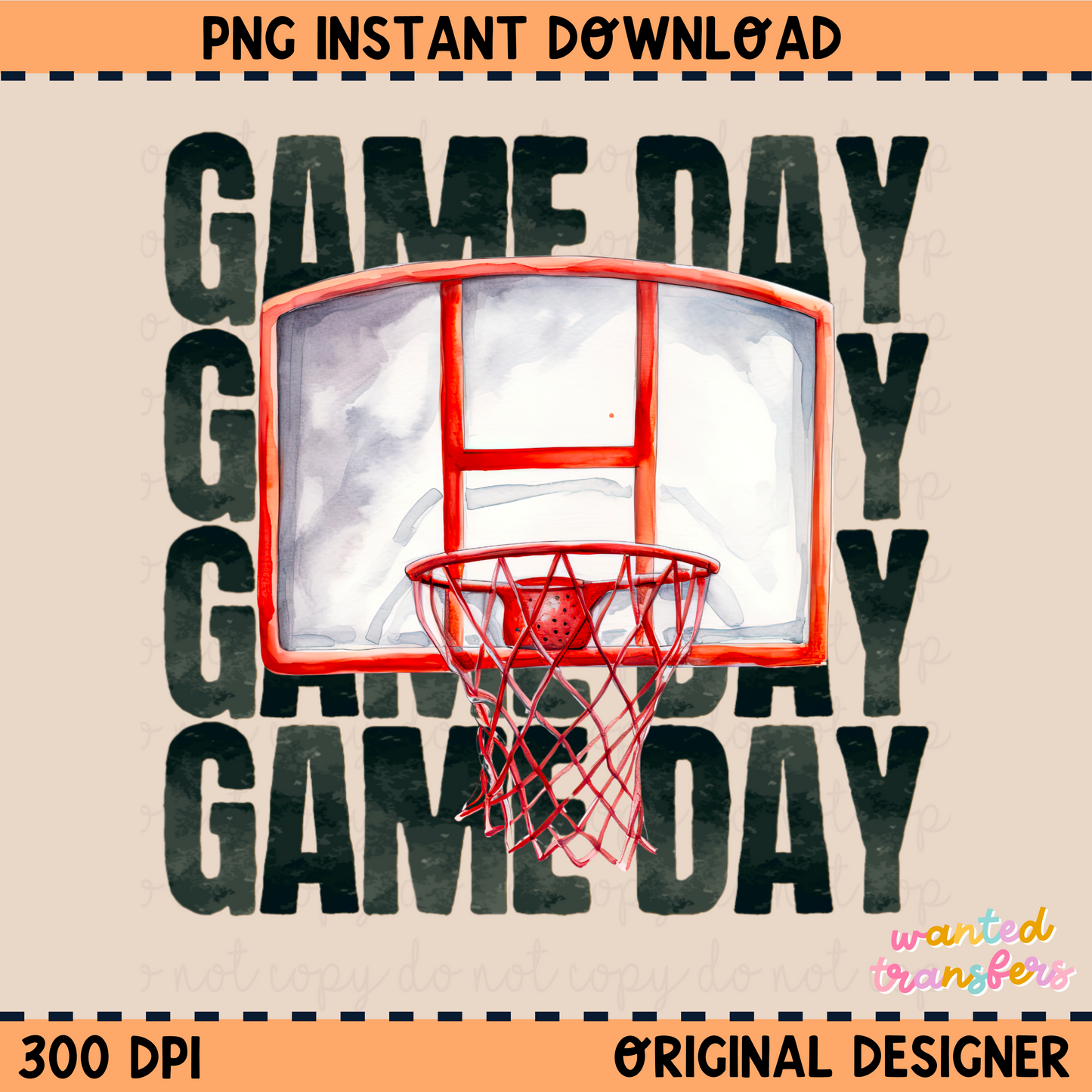 Game Day Watercolor Basketball Black Font PNG Digital Download