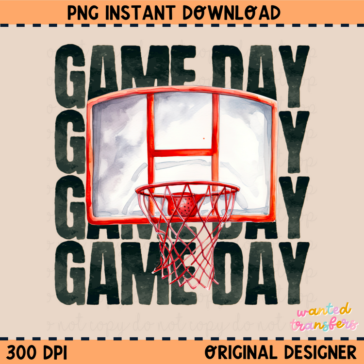 Game Day Watercolor Basketball Black Font PNG Digital Download