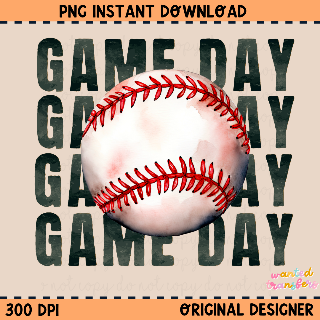 Game Day Watercolor Baseball Black PNG Digital Download