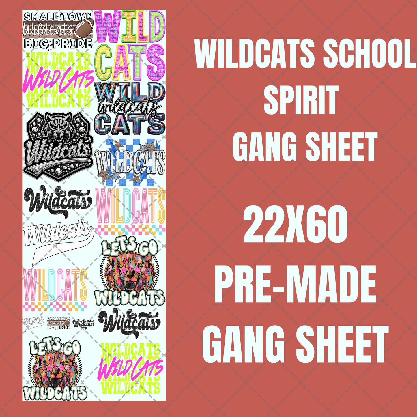 Wildcats School Spirit Premade Gang Sheet 22"x60"