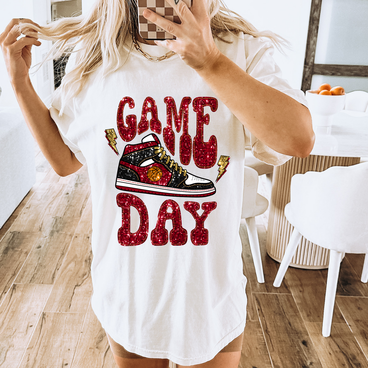 Game Day Basketball Red/Gold Sneakers Faux Sequin DTF Transfer