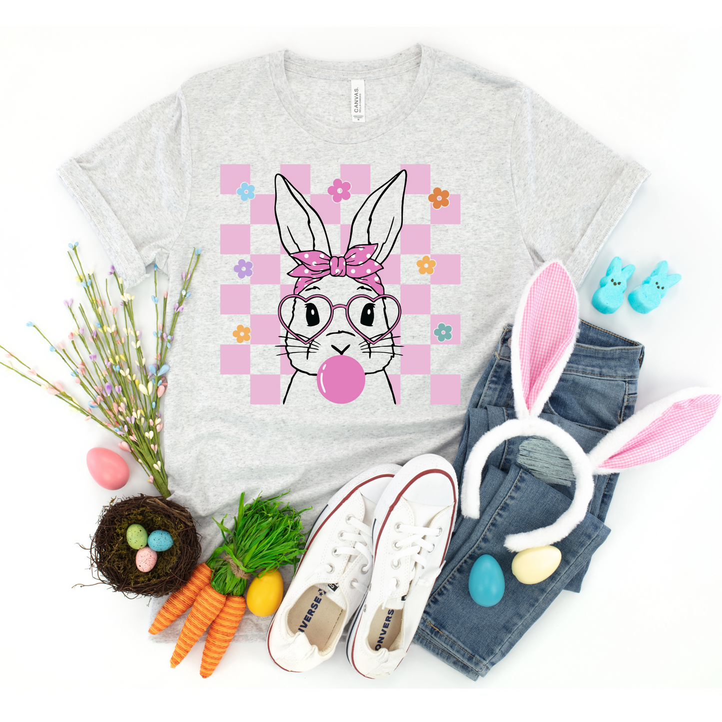Pink Checkered Bubble Gum Bunny Easter DTF Transfer