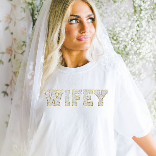 Faux Chenille White & Gold Wifey DTF Transfer
