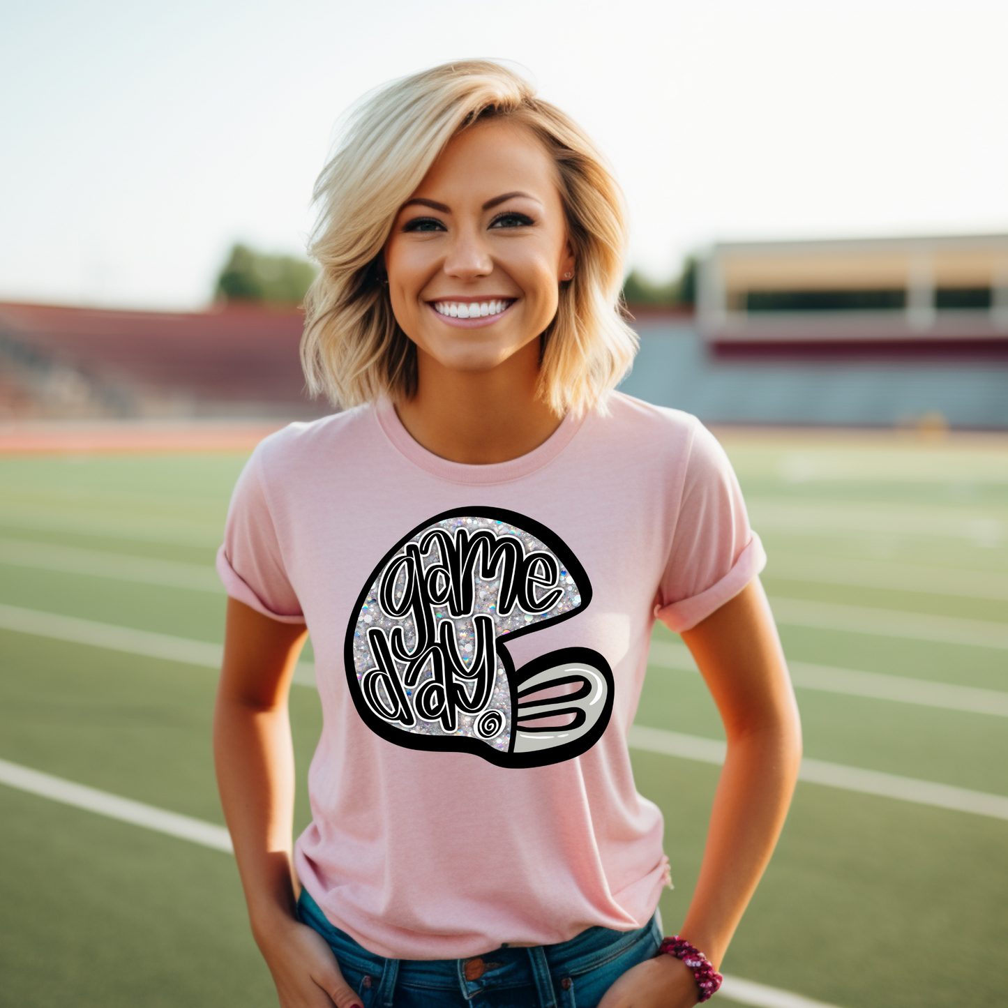 Game Day Football Helmet Silver Sparkles DTF Transfer