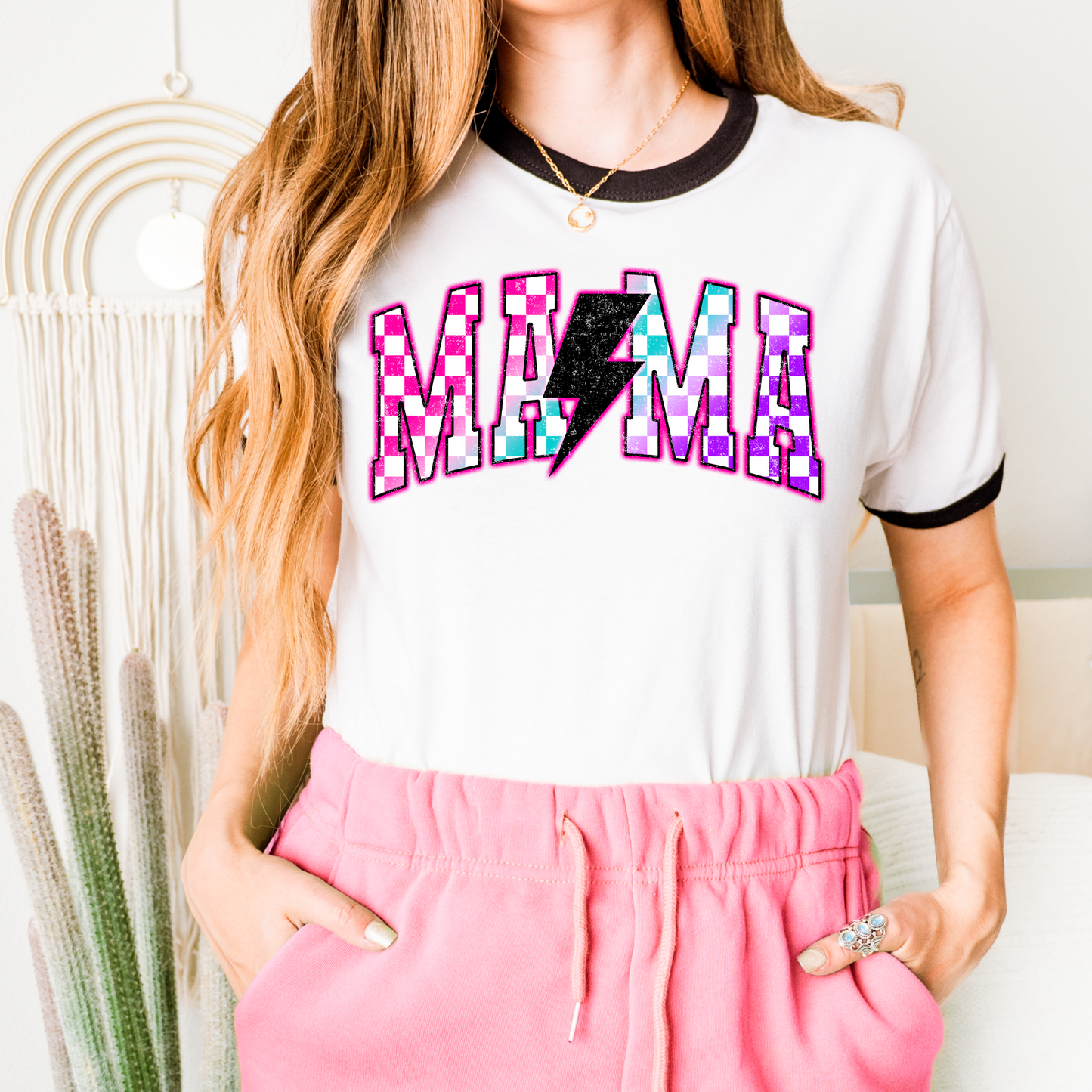 Mama Neon Rainbow Black Outline Lightening Bolt DTF Transfer