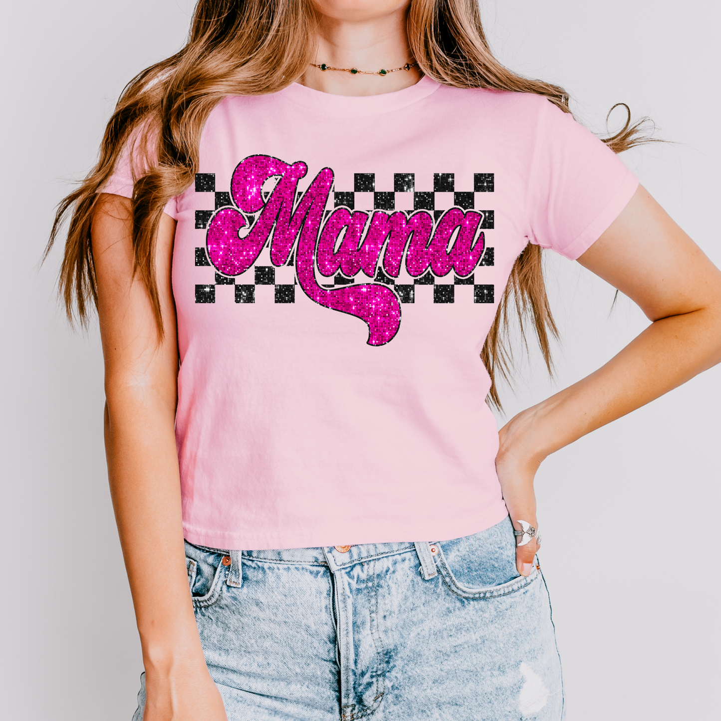 Pink Glitter Checkered Mama DTF Transfer