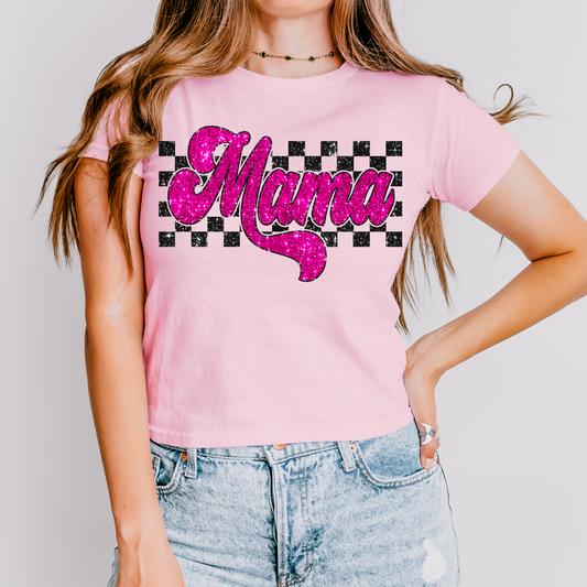 Pink Glitter Checkered Mama DTF Transfer
