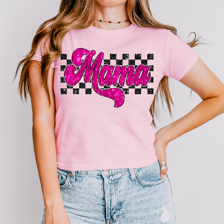 Pink Glitter Checkered Mama DTF Transfer