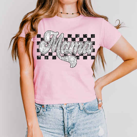 Silver Glitter Checkered Mama DTF Transfer