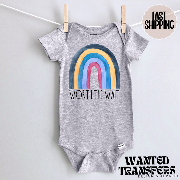 Worth the Wait Rainbow Pregnancy Announcement Onesie®, New Baby Bodysuit, Reveal Pregnancy Announcement, Cute, Trendy Bodysuit
