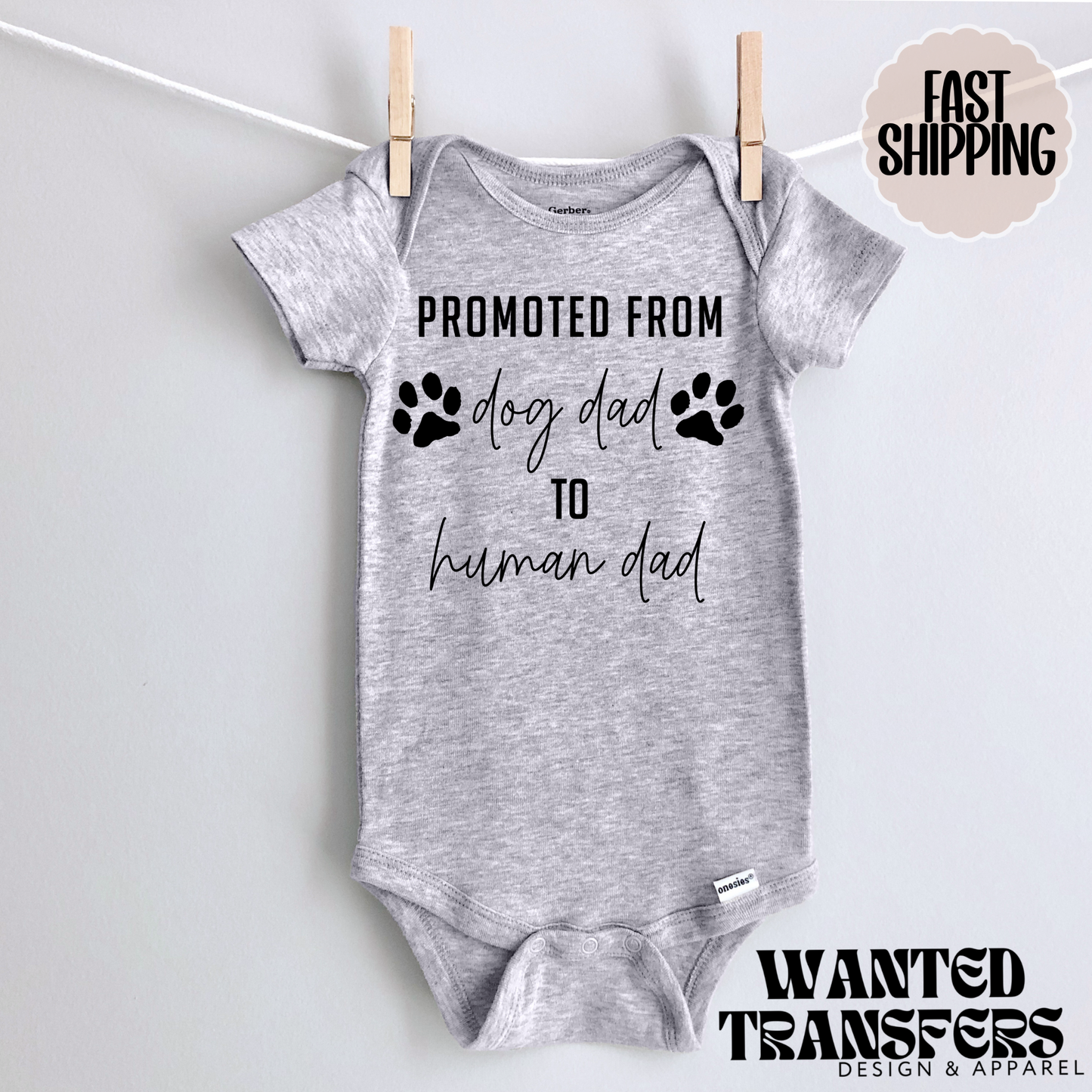 Promoted from Dog Dad to Human Dad Pregnancy Announcement Onesie®, New Baby Bodysuit, Dog Lover Pregnancy Announcement, Cute, First Baby