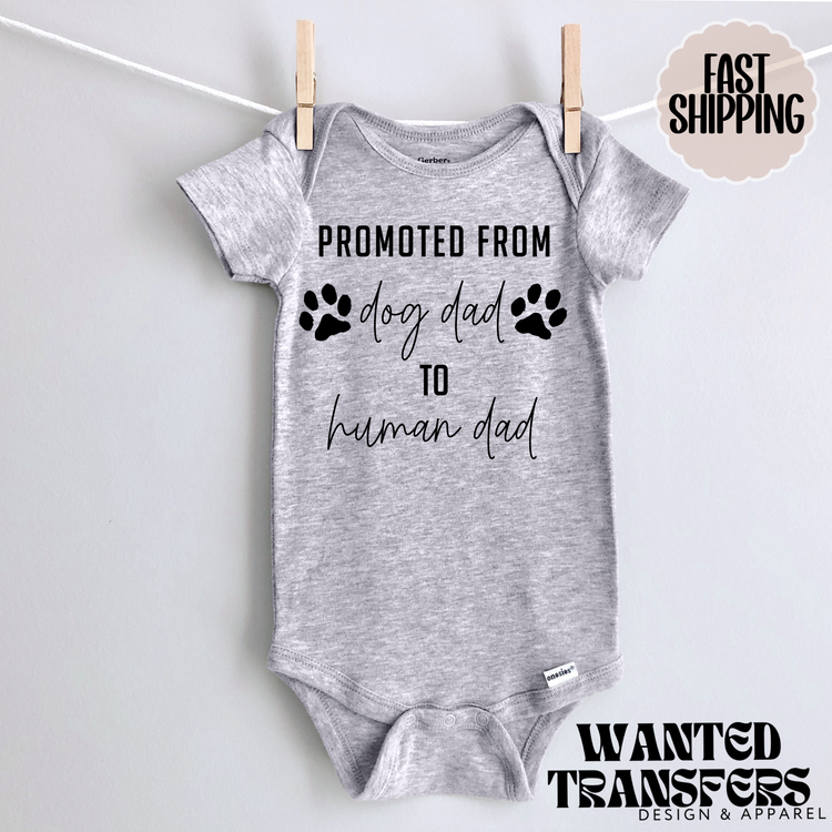 Promoted from Dog Dad to Human Dad Pregnancy Announcement Onesie®, New Baby Bodysuit, Dog Lover Pregnancy Announcement, Cute, First Baby