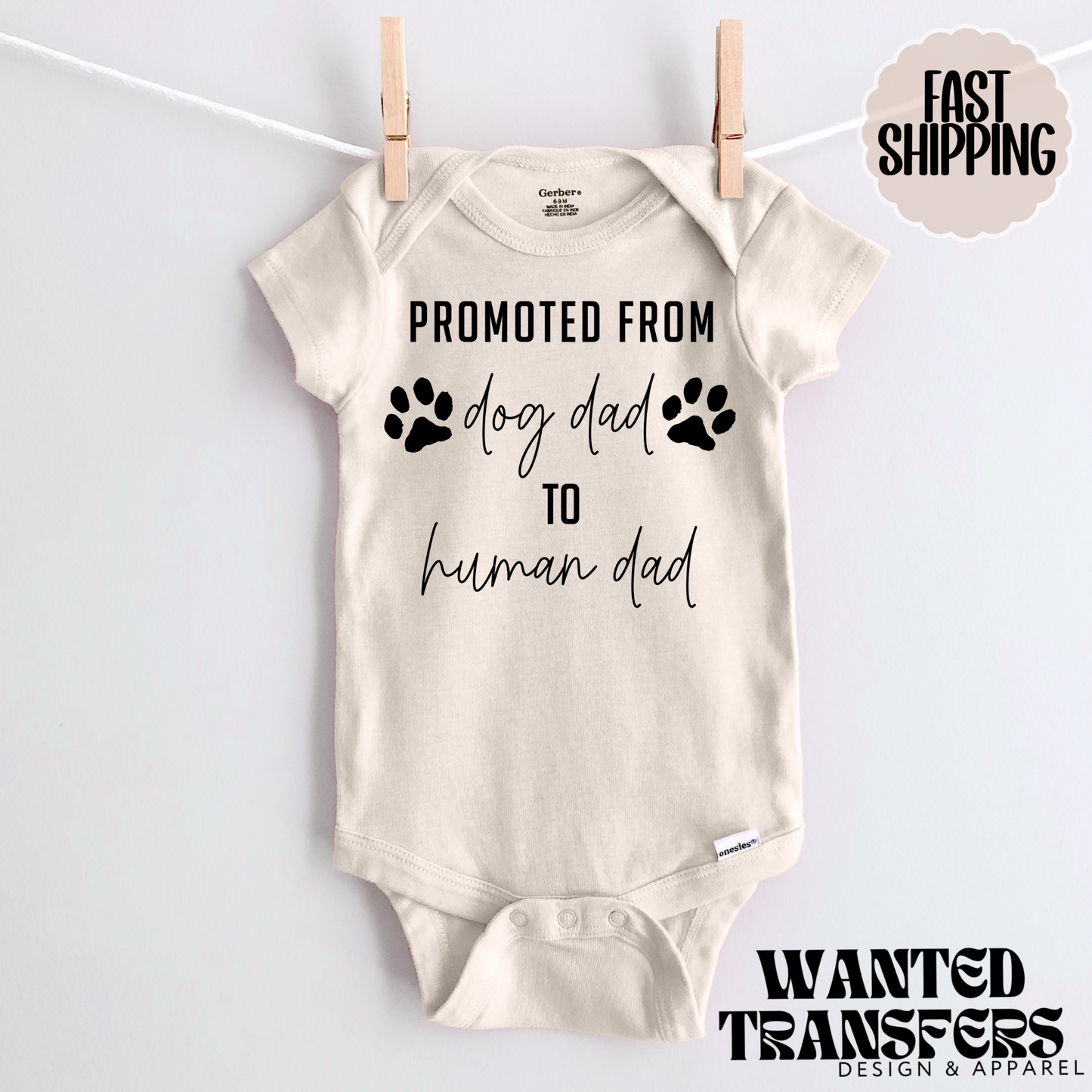 Promoted from Dog Dad to Human Dad Pregnancy Announcement Onesie®, New Baby Bodysuit, Dog Lover Pregnancy Announcement, Cute, First Baby