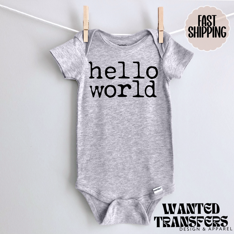 Hello World Pregnancy Announcement Onesie®, New Baby Bodysuit, Reveal Pregnancy Announcement, Cute, Trendy Bodysuit