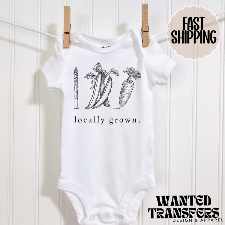 Locally Grown Vegetable Pregnancy Announcement Onesie®, New Baby Bodysuit, Reveal Pregnancy Announcement, Cute, Trendy Bodysuit