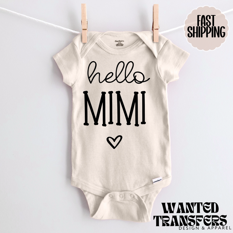 Hello Mimi Pregnancy Announcement Onesie®, Grandparents Baby Bodysuit, Reveal Pregnancy Announcement, Cute, Trendy Mimi Bodysuit