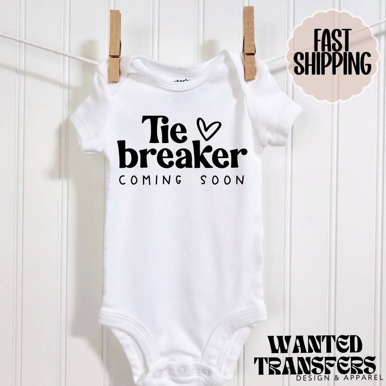 Tie Breaker Coming Soon Pregnancy Announcement Onesie®, New Baby Bodysuit, Reveal Pregnancy Announcement, Cute, Trendy Bodysuit