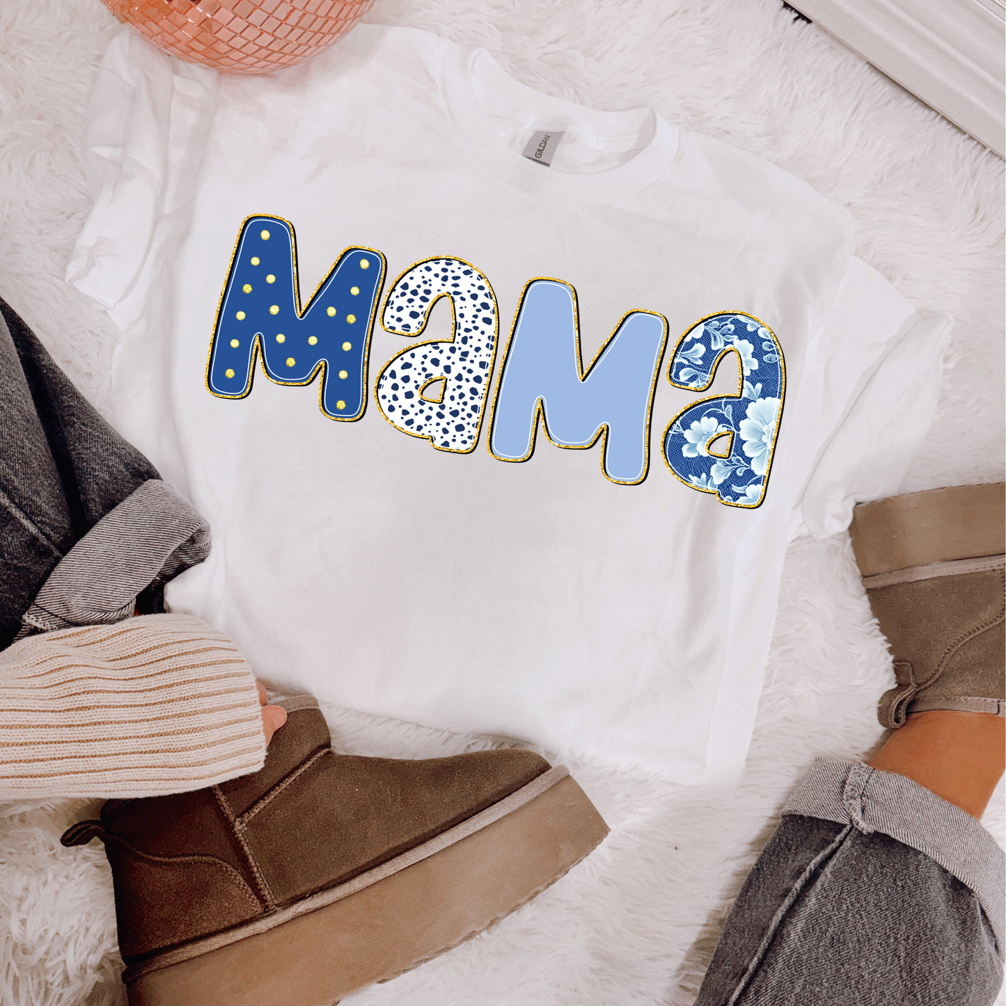Blue Toile Glitter Mama PNG Digital Download