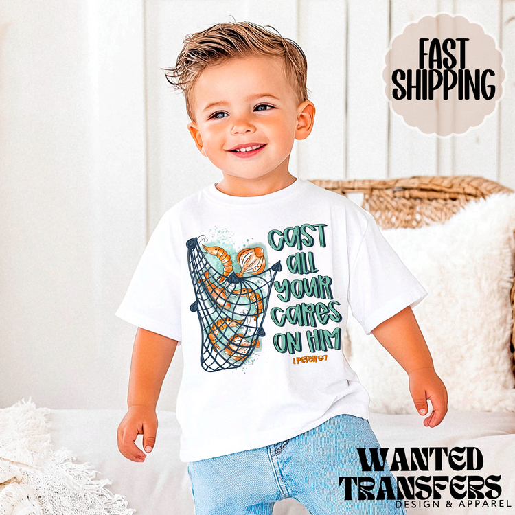 Cast All Your Cares on Him, Fishing Trendy Faith Based Kids Graphic Tee, Unisex, Grunge, Western, Christian, Trendy Kids Tee, Everyday Tee