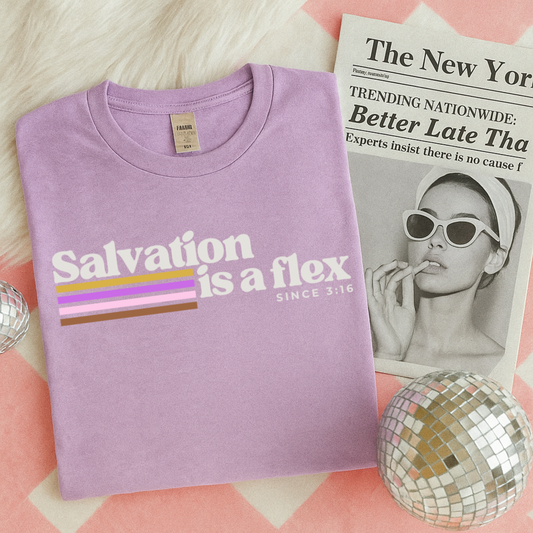 Salvation is a Flex White Font Faith DTF Transfer