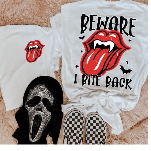 Beware, I Bite Back Halloween DTF Transfer (Pocket + Back)