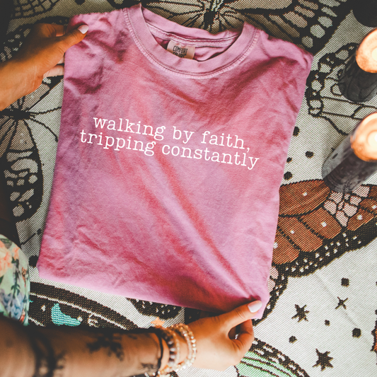 Walking by  Faith, Tripping Constantly Faith Single Color Screen Print Transfer
