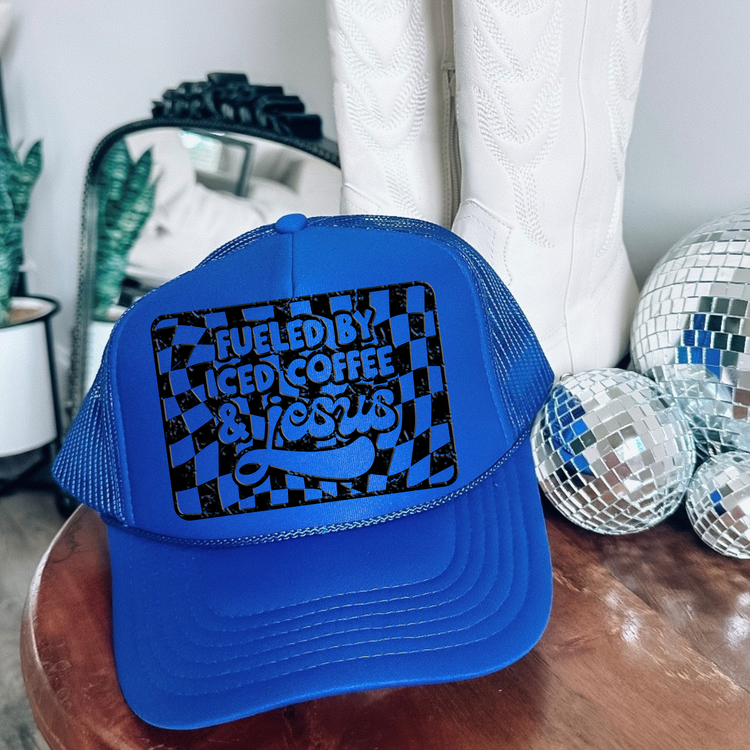 Fueled by Iced Coffee + Jesus Hat Puff Screen Print Transfer