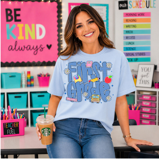 First Grade Blue Gingham Plaid Back to School DTF Transfer