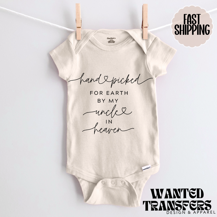 Handpicked for Earth by my Uncle in Heaven Pregnancy Announcement Onesie®, Uncle Baby Bodysuit, Reveal Pregnancy Announcement, Cute, Trendy Uncle Bodysuit