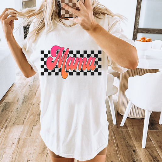 Neon Ombre Pink/Orange Checkered Mama DTF Transfer