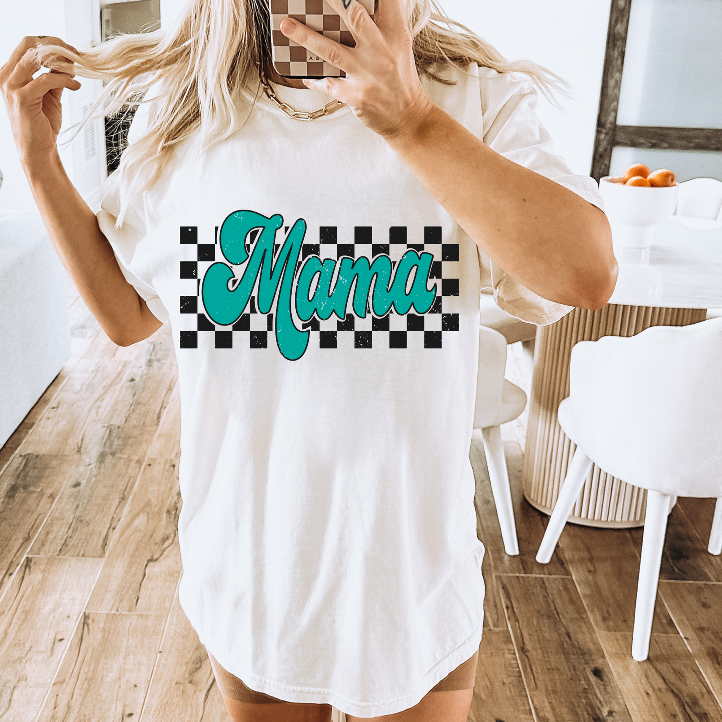 Neon Teal Checkered Mama DTF Transfer