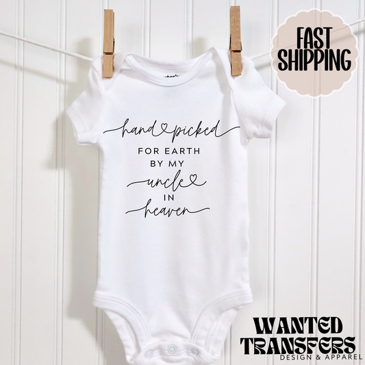 Handpicked for Earth by my Uncle in Heaven Pregnancy Announcement Onesie®, Uncle Baby Bodysuit, Reveal Pregnancy Announcement, Cute, Trendy Uncle Bodysuit