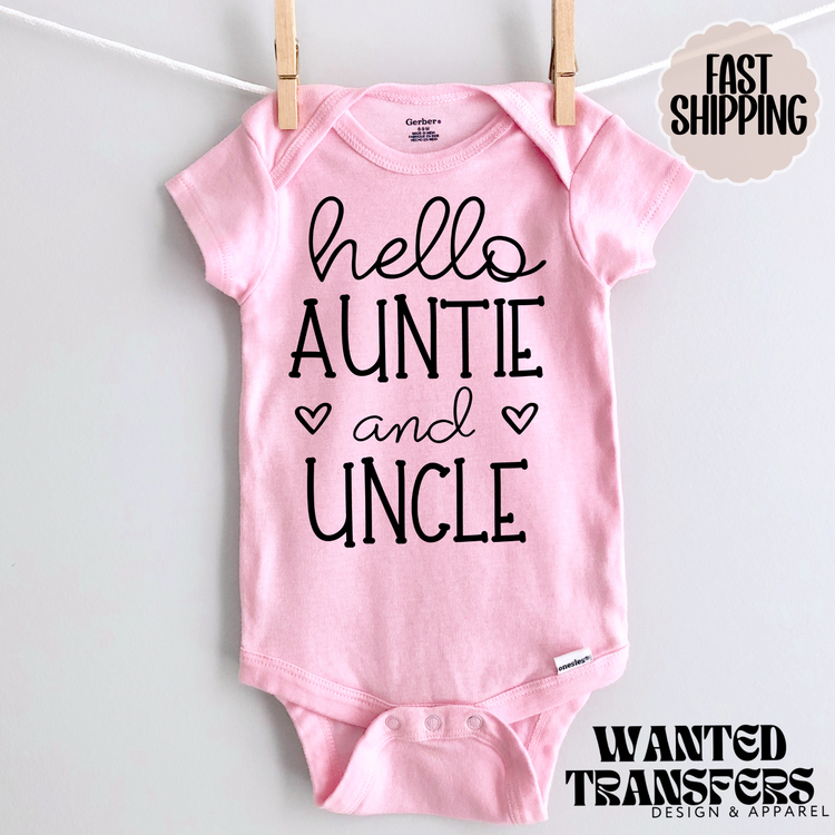 Hello Auntie and Uncle Pregnancy Announcement Onesie®, Uncle Baby Bodysuit, Reveal Pregnancy Announcement, Cute, Trendy Uncle Bodysuit