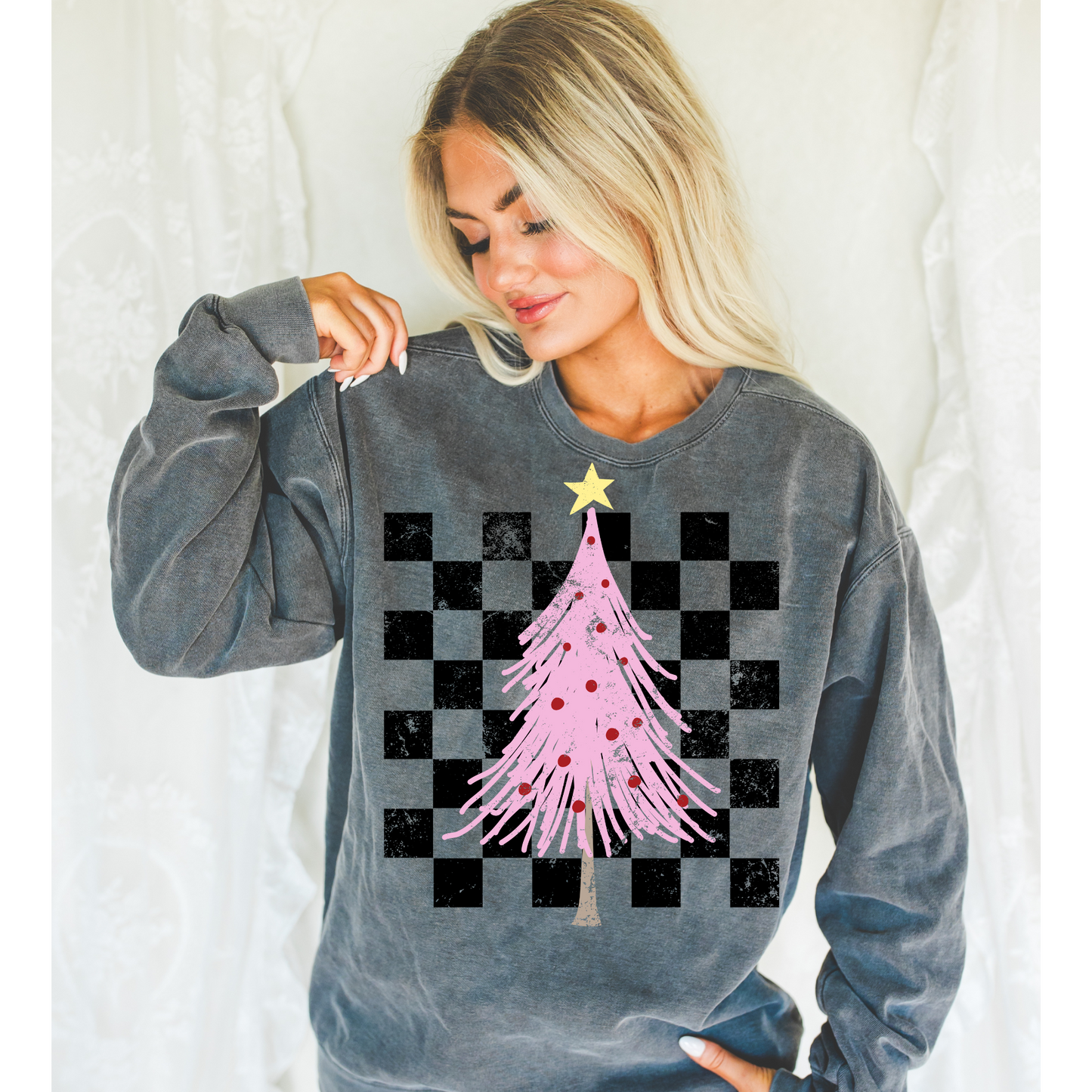 Trendy Pink Checkerboard Christmas Tree DTF Transfer