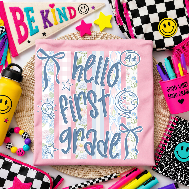Blue Retro Hello First Grade Back to School DTF Transfer