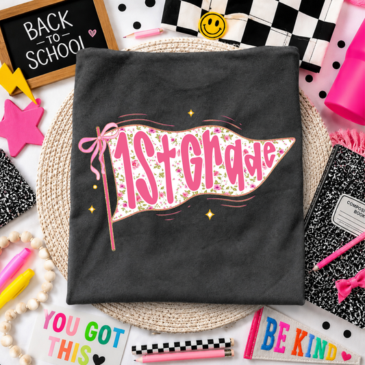 1st Grade Pink Floral Pennant Flag Back to School DTF Transfer