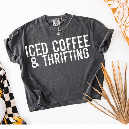 Iced Coffee & Thrifting Distressed White Font PNG Digital Download