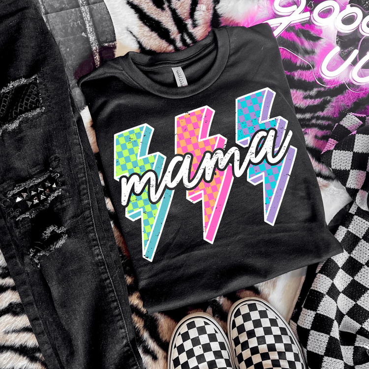 Mama Neon Checkered Lightening Bolt Clear Film Screen Print Transfer